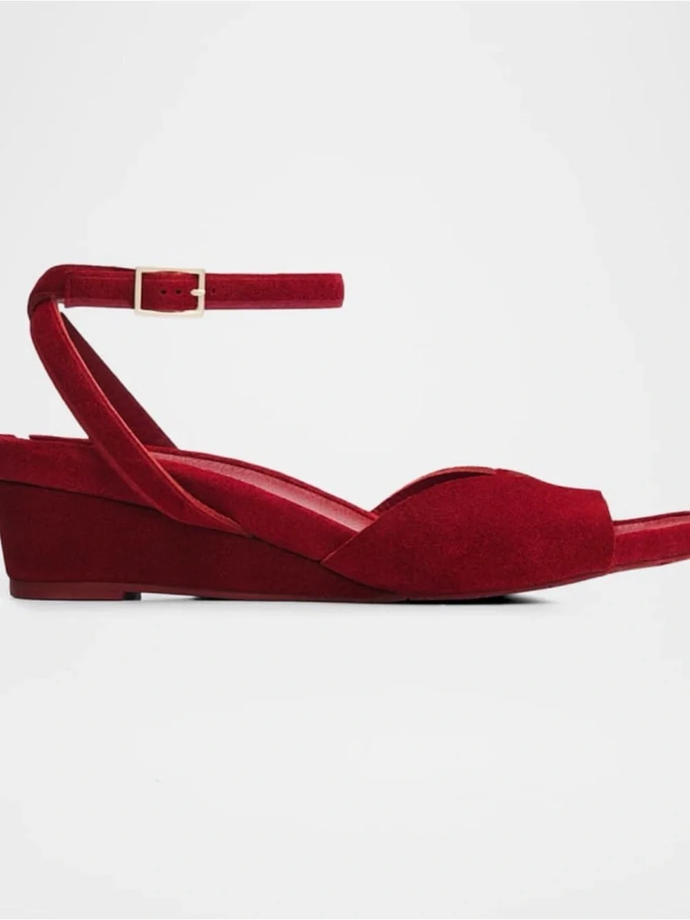 Pedro Garcia Red Suede Low Wedge Sandals with Ankle Strap